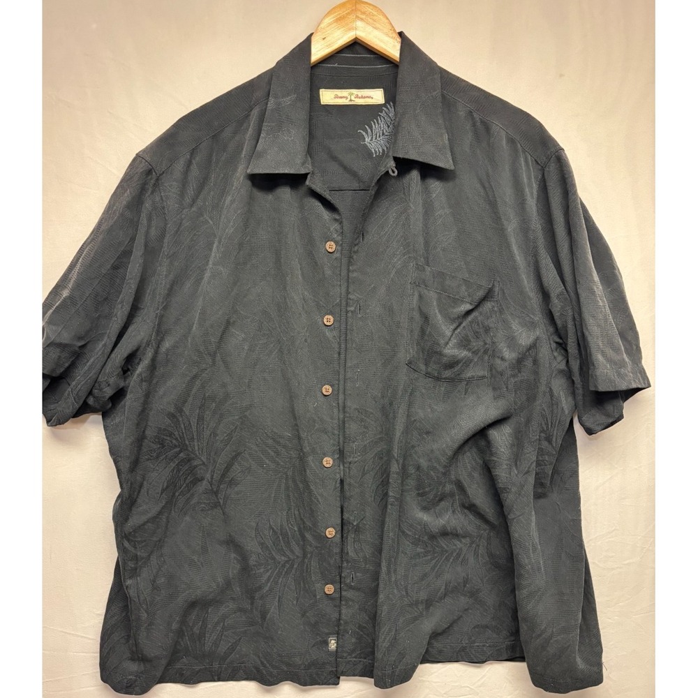 Tommy Bahama Camp Shirt Mens Black‎ Silk Button Up Palm Print Short Sleeve Large